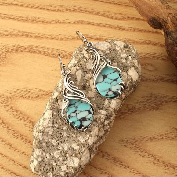 Blue & Black Stone Wire Wrapped Earrings Teardrop Bohemian Western Jewelry NEW - Picture 12 of 14